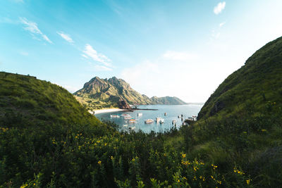 Scenic view of bay against sky