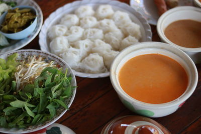 High angle view of breakfast served on table