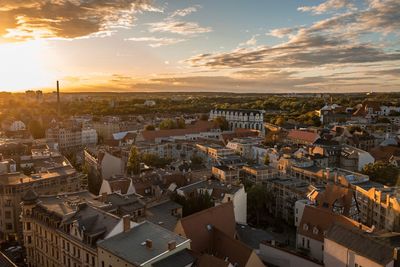 High angle view of townscape against sky at sunset