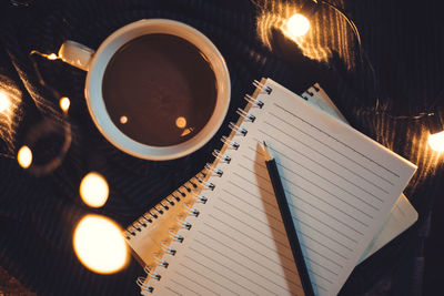 High angle view of coffee cup on table