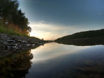 Scenic view of lake against sky during sunset