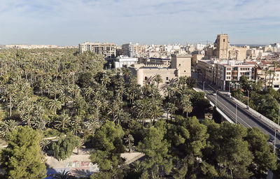 High angle view of trees in city against sky