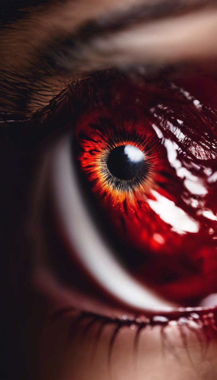 red, close-up, macro photography, eye, human eye, eyelash, sensory perception, one person, iris, black, eyeball, extreme close-up, darkness, blood, indoors, adult