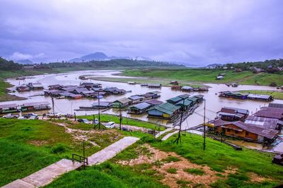 High angle view of buildings against sky
