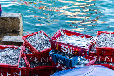 High-angle view of  fish baskets