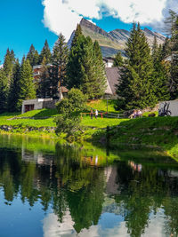 Scenic view of lake by trees and buildings against sky