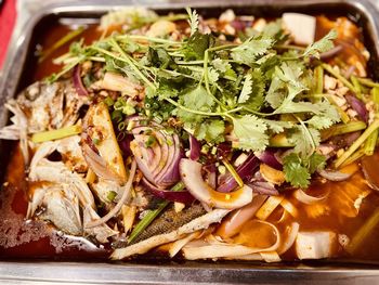 High angle view of food in plate