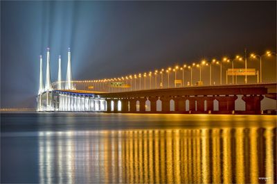 Illuminated bridge at night