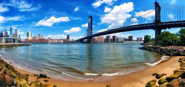 View of suspension bridge over sea