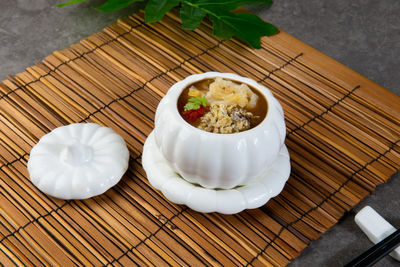 High angle view of food served on table