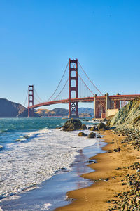 View of suspension bridge over sea against clear blue sky