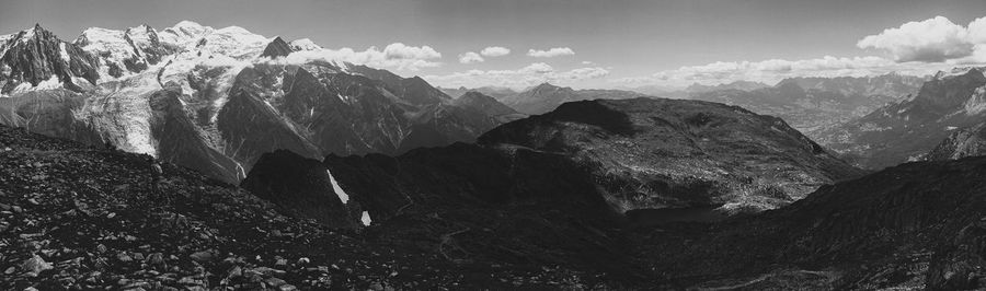 Panoramic view of rocks and mountains against sky