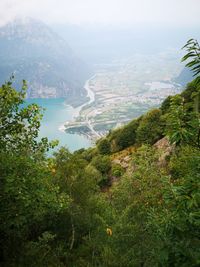 High angle view of trees and mountains against sky