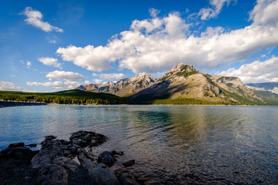 Scenic view of lake and mountains against sky