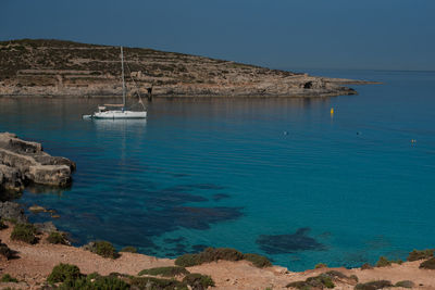 Scenic view of sea against clear blue sky