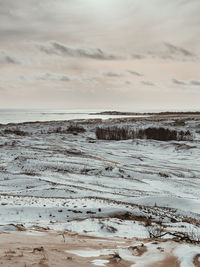 Scenic view of beach against sky during winter