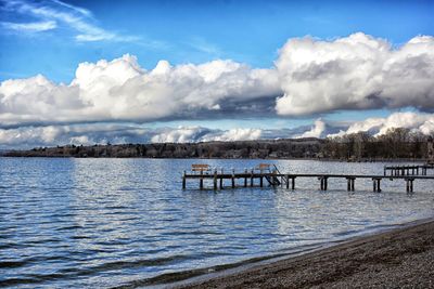 Scenic view of lake against sky during winter