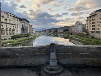 Buildings by river against cloudy sky