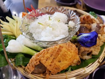 High angle view of food in plate on table