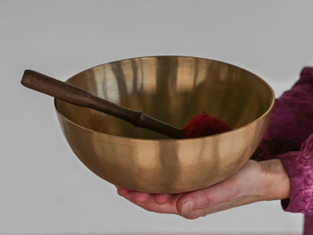 Close-up of hand holding bowl over white background