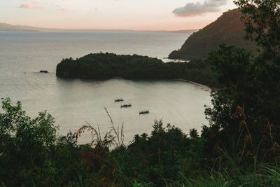 High angle view of sea against sky during sunset