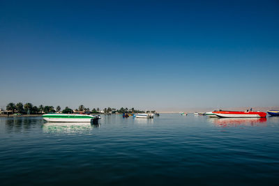 Sailboats in sea against clear blue sky