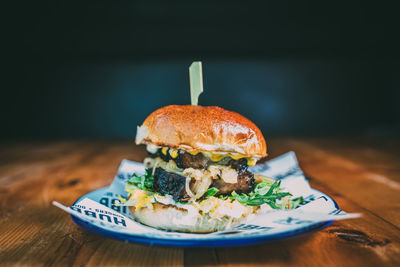 Close-up of burger on table