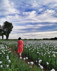 Rear view of woman on field against cloudy sky