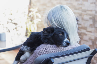 Rear view of woman sitting with dog