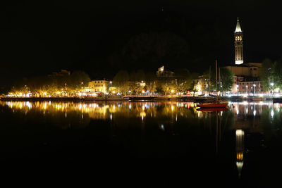 Reflection of buildings in water at night