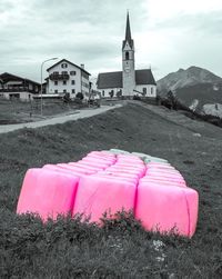 Pink built structure with mountain in background