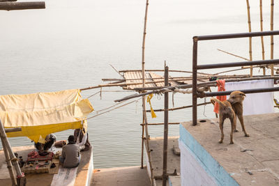 High angle view of ghaat at varanasi. 