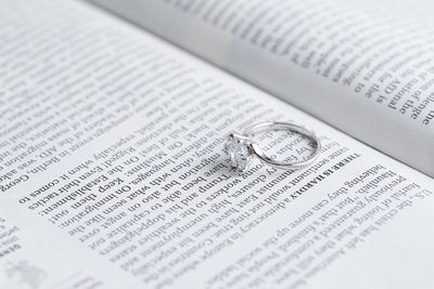 High angle view of ring on book