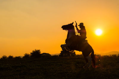 Silhouette person riding horse on field against sky during sunset