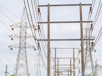 Low angle view of electricity pylon against sky