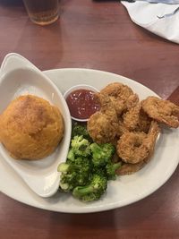 High angle view of food in plate on table