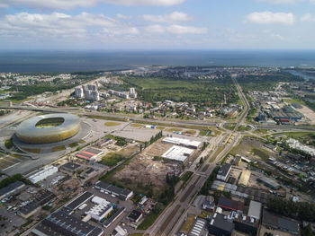 High angle view of road amidst buildings in city