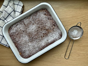 High angle view of dessert on table