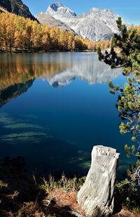 Scenic view of lake by mountains against sky