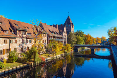 Bridge over river by buildings against blue sky