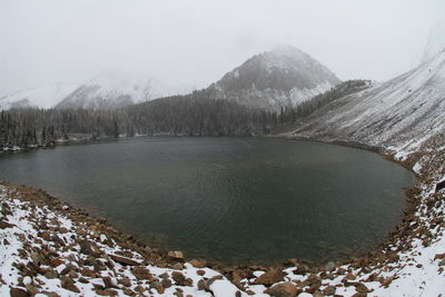 Scenic view of frozen lake against rocky mountains