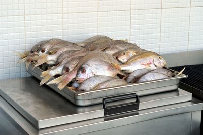 High angle view of dead fish in tray against white tiled wall at store