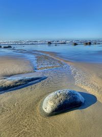 Scenic view of sea shore against clear sky