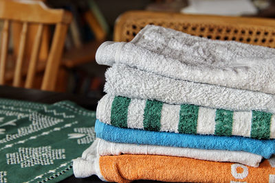 Close-up of multi colored towels on table