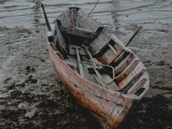 High angle view of boat on shore