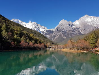 Scenic view of lake by snowcapped mountains against sky