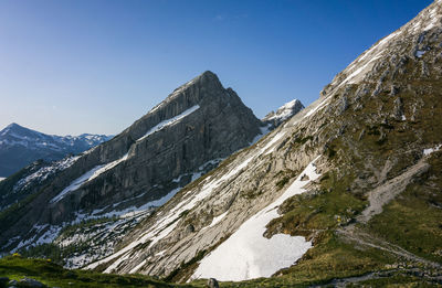 Scenic view of snowcapped mountains against clear sky