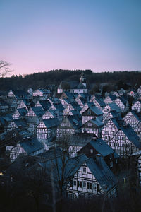 High angle view of townscape against sky at dusk