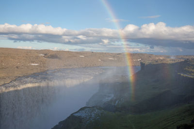 Scenic view of rainbow over sea against sky