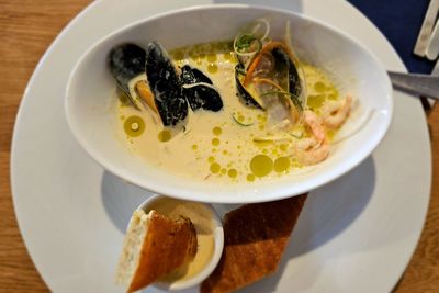 High angle view of food in plate on table